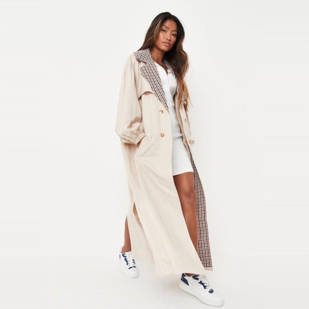Missguided Check Collar Balloon Sleeve Trench Coat - image 1
